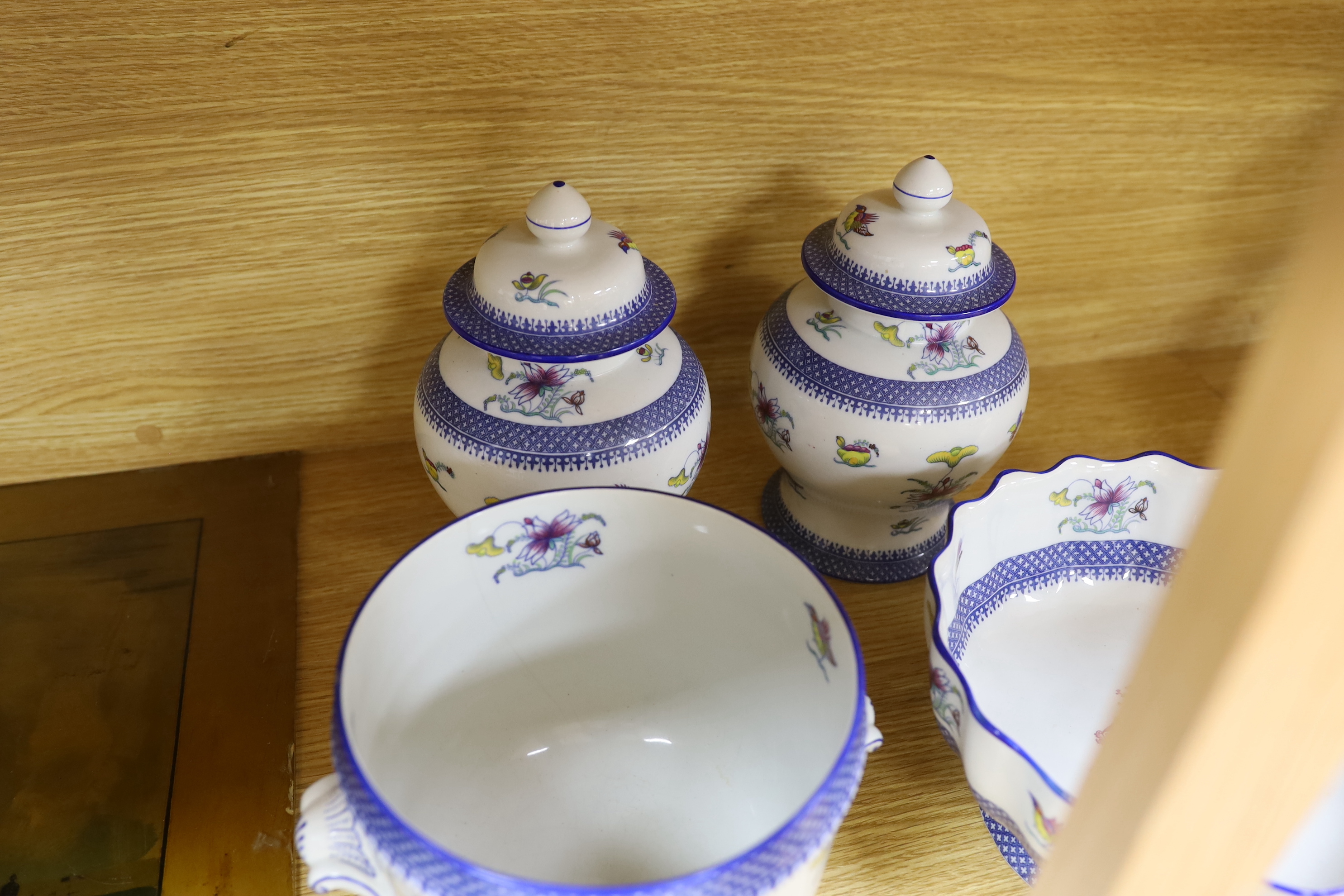 Two Copeland Spode Armorial bowls, a pair of lidded jars a planter and three Limoges ashtrays, jars and covers 24cm high